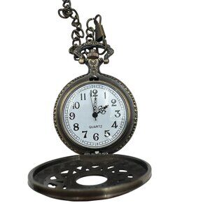 Antique-Inspired Quartz Pocket Watch With Intricate Filigree Design & Chain For